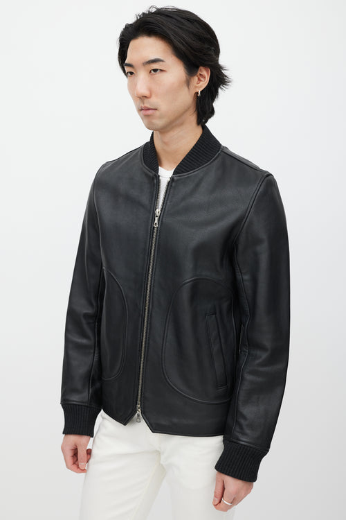 Officine Generale Black Leather Bomber Jacket