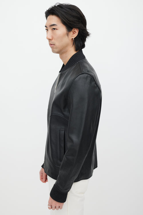 Officine Generale Black Leather Bomber Jacket