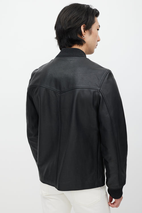 Officine Generale Black Leather Bomber Jacket