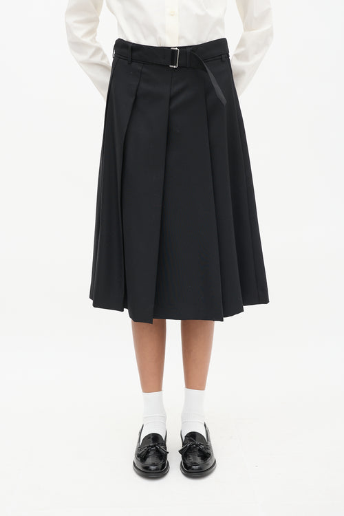 Officine Générale Black Wool Pleated Belted Skirt