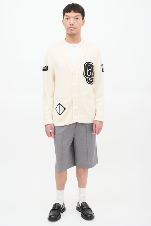 Opening Ceremony Cream 
Black Wool Logo Patch Cardigan