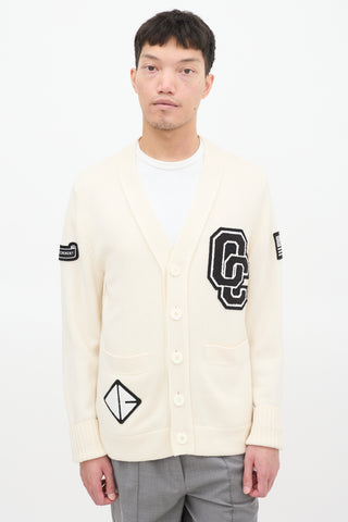 Opening Ceremony Cream 
Black Wool Logo Patch Cardigan