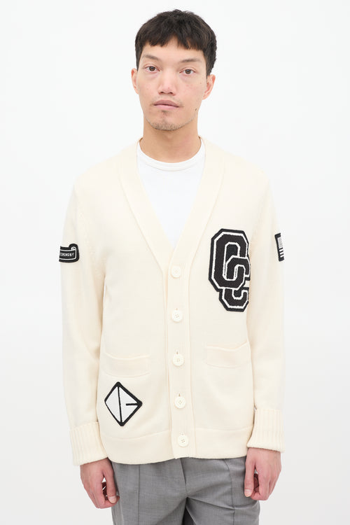 Opening Ceremony Cream 
Black Wool Logo Patch Cardigan