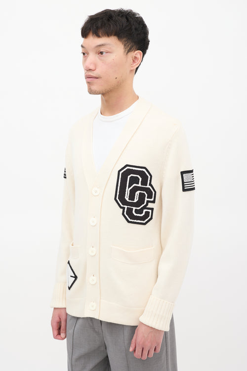 Opening Ceremony Cream 
Black Wool Logo Patch Cardigan