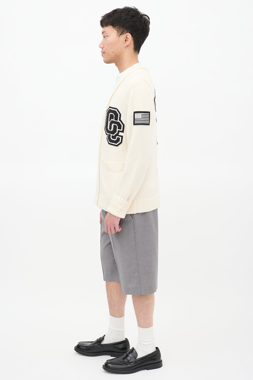 Opening Ceremony Cream 
Black Wool Logo Patch Cardigan