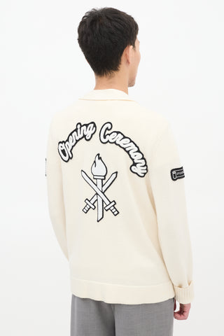 Opening Ceremony Cream 
Black Wool Logo Patch Cardigan