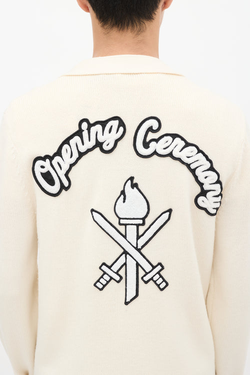 Opening Ceremony Cream 
Black Wool Logo Patch Cardigan