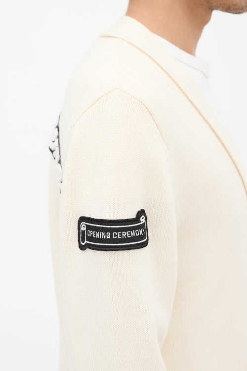 Opening Ceremony Cream 
Black Wool Logo Patch Cardigan