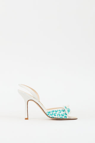 Oscar de la Renta White 
Teal Canvas Bow Slingback Heel