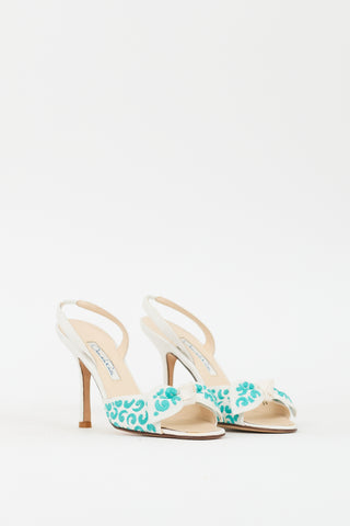 Oscar de la Renta White 
Teal Canvas Bow Slingback Heel