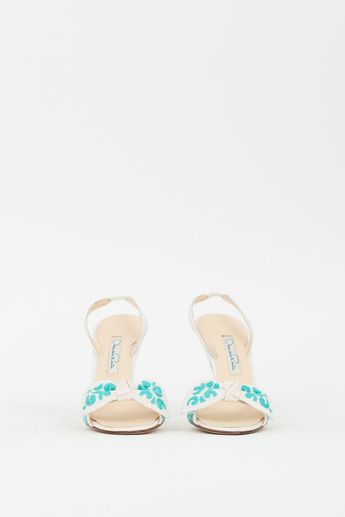 Oscar de la Renta White 
Teal Canvas Bow Slingback Heel