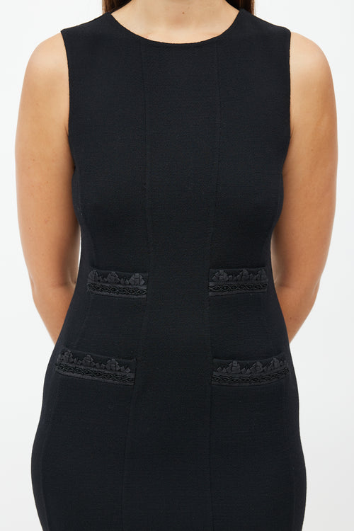 Oscar de la Renta Black Embroidered Midi Dress