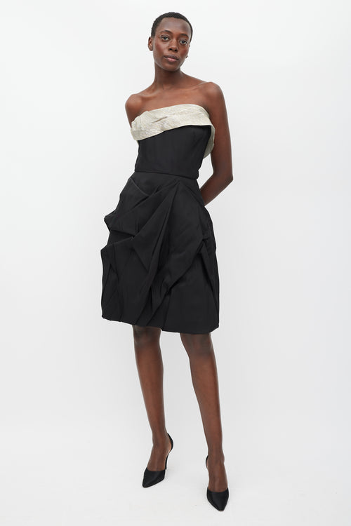 Oscar de la Renta Black Silk Gathered Dress