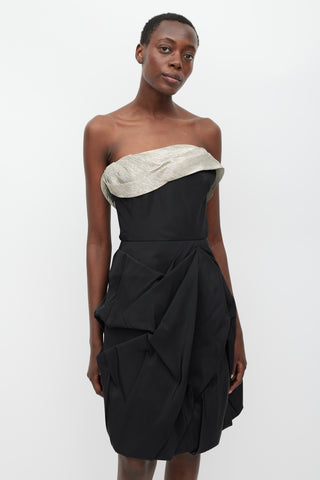 Oscar de la Renta Black Silk Gathered Dress