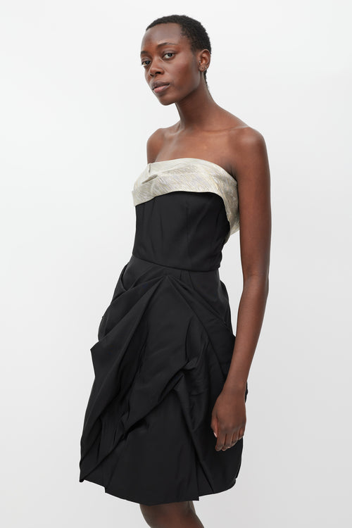 Oscar de la Renta Black Silk Gathered Dress