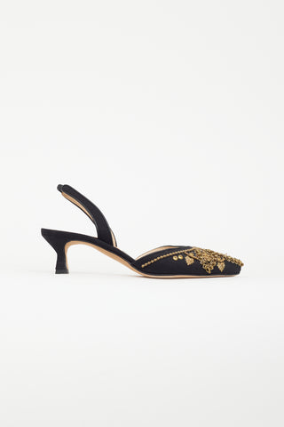 Oscar de la Renta Black 
Gold Beaded Slingback Mule