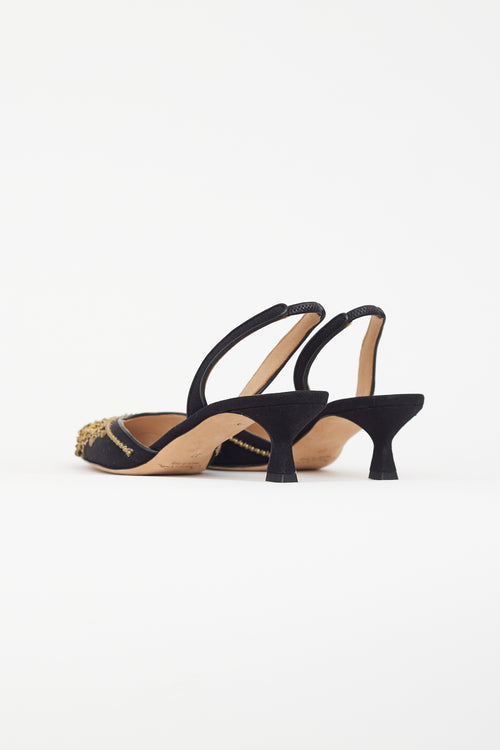 Oscar de la Renta Black 
Gold Beaded Slingback Mule