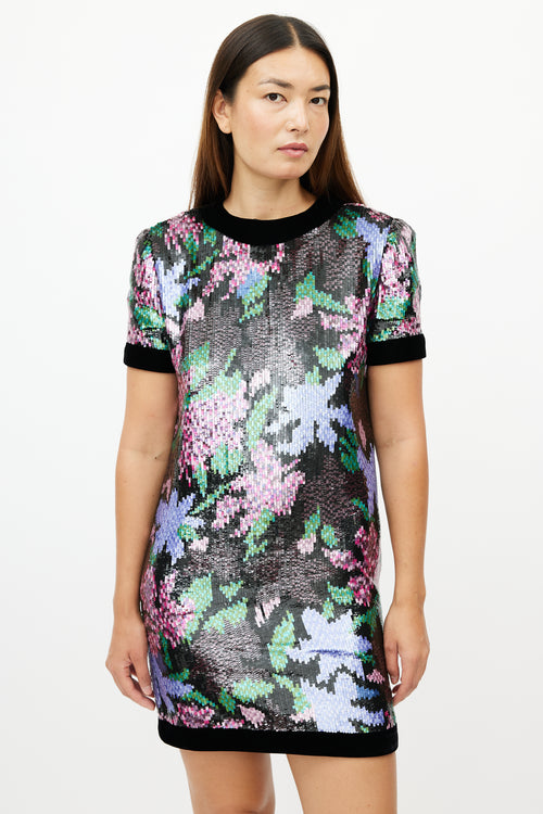 Oscar de la Renta Black 
Multicolour Floral Sequin Dress