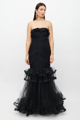 Oscar de la Renta Black Tiered Ruffled Tulle Dress