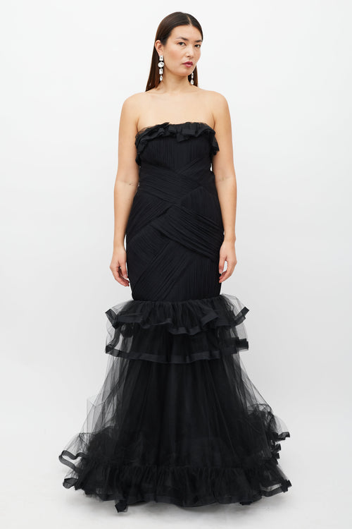 Oscar de la Renta Black Tiered Ruffled Tulle Dress