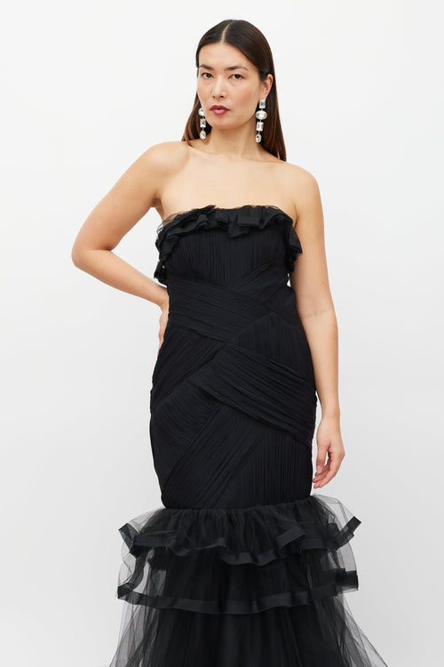 Oscar de la Renta Black Tiered Ruffled Tulle Dress