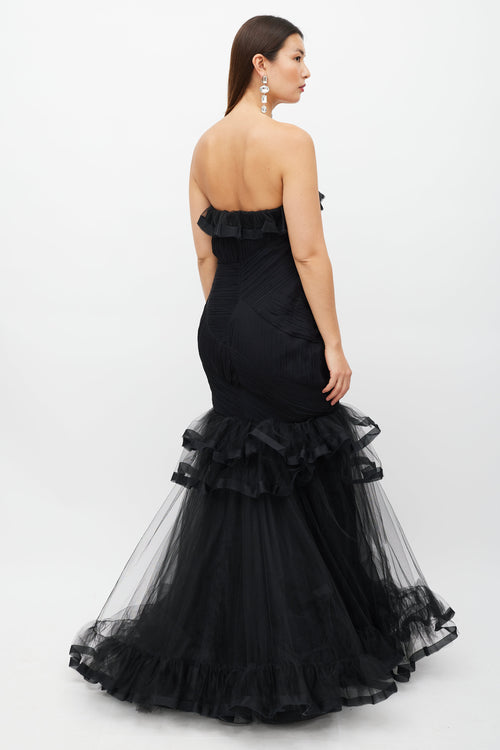 Oscar de la Renta Black Tiered Ruffled Tulle Dress