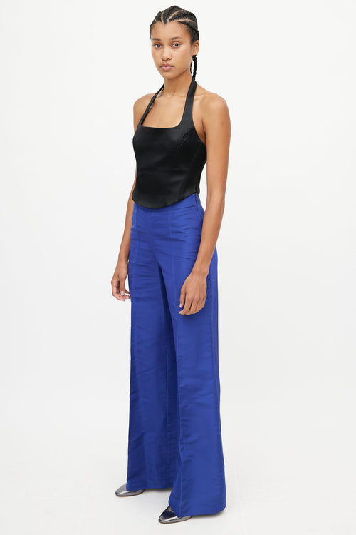 Oscar de la Renta Blue Satin Pleated Wide Leg Trouser