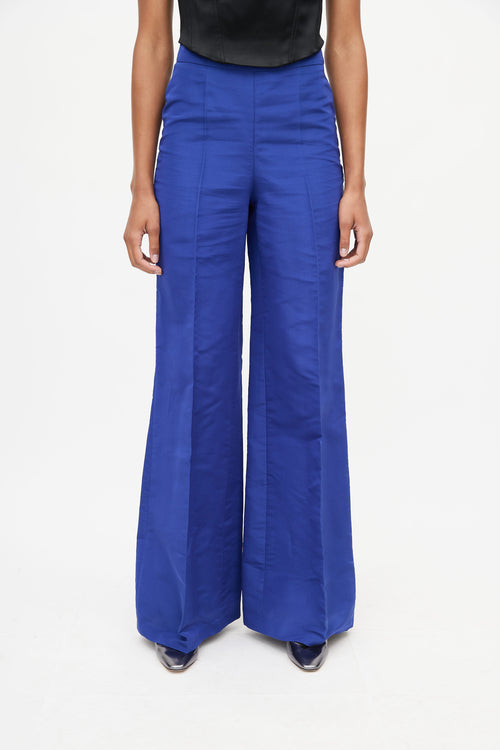 Oscar de la Renta Blue Satin Pleated Wide Leg Trouser