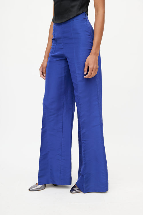 Oscar de la Renta Blue Satin Pleated Wide Leg Trouser