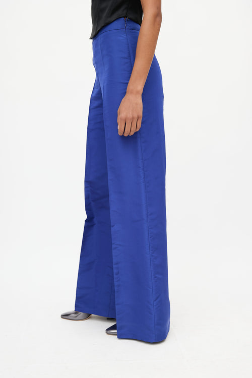 Oscar de la Renta Blue Satin Pleated Wide Leg Trouser