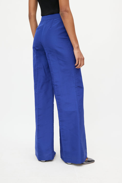 Oscar de la Renta Blue Satin Pleated Wide Leg Trouser