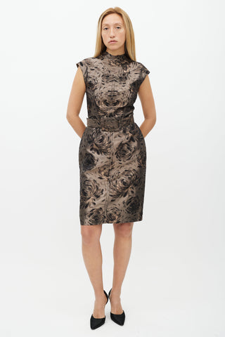 Oscar de la Renta Brown Floral Jacquard Belted Dress