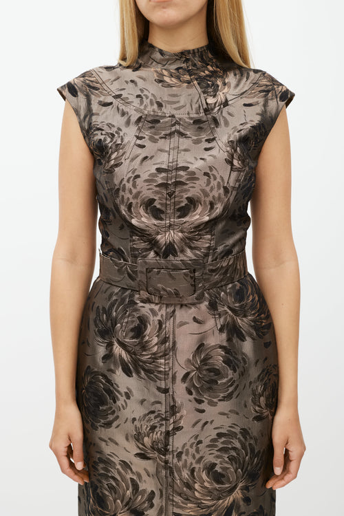 Oscar de la Renta Brown Floral Jacquard Belted Dress