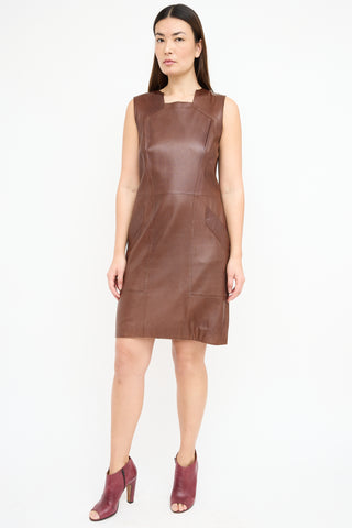 Oscar de la Renta Brown Leather Sheath Dress