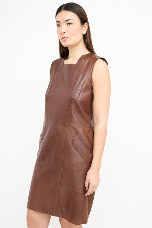 Oscar de la Renta Brown Leather Sheath Dress