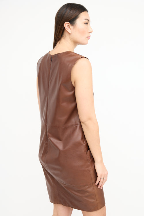 Oscar de la Renta Brown Leather Sheath Dress