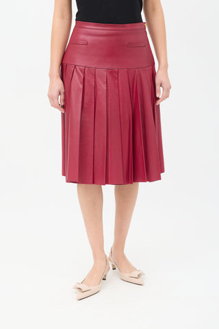 Oscar de la Renta Burgundy Leather Pleated Drop Waist Midi Skirt