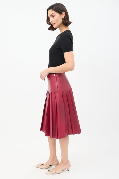 Oscar de la Renta Burgundy Leather Pleated Drop Waist Midi Skirt