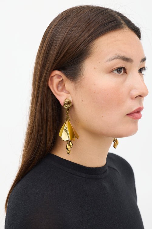 Oscar de la Renta Gold Beaded Floral Petal Earring