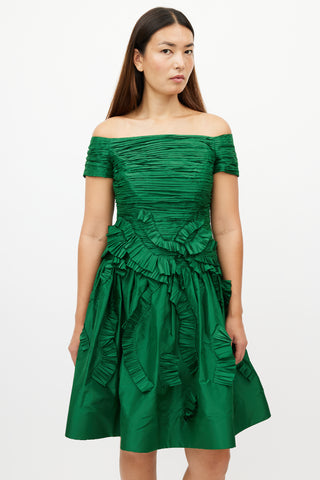 Oscar de la Renta Green Pleated Off The Shoulder Dress