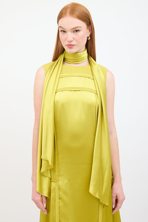 Oscar de la Renta Green Satin Pleated Panelled Scarf Dress