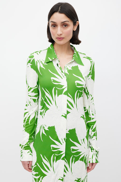 Oscar de la Renta Green 
White Pineapple Print Dress