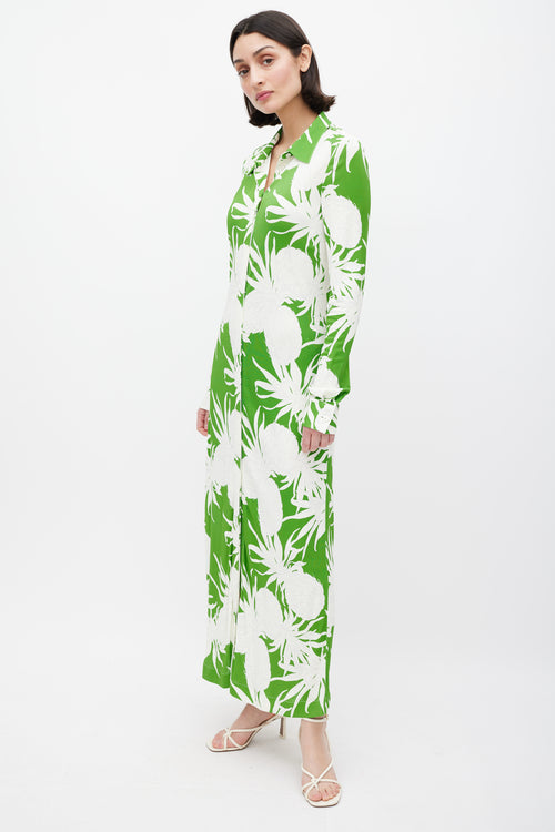 Oscar de la Renta Green 
White Pineapple Print Dress