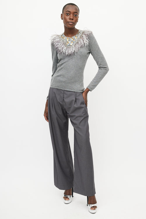 Oscar de la Renta Grey Cashmere 
Silk Feather Sweater