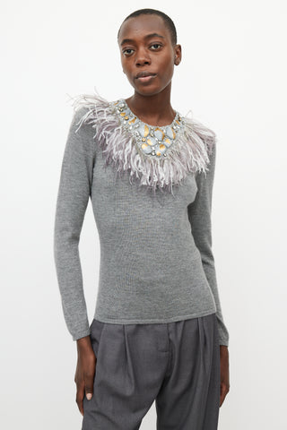 Oscar de la Renta Grey Cashmere 
Silk Feather Sweater