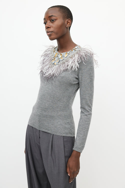 Oscar de la Renta Grey Cashmere 
Silk Feather Sweater