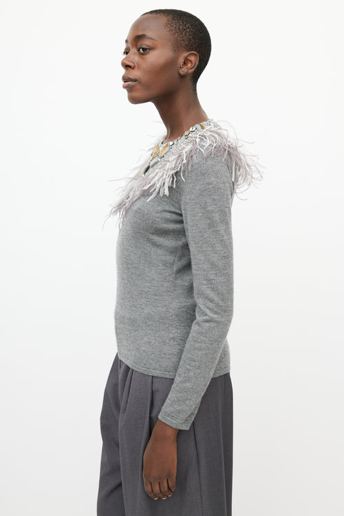 Oscar de la Renta Grey Cashmere 
Silk Feather Sweater