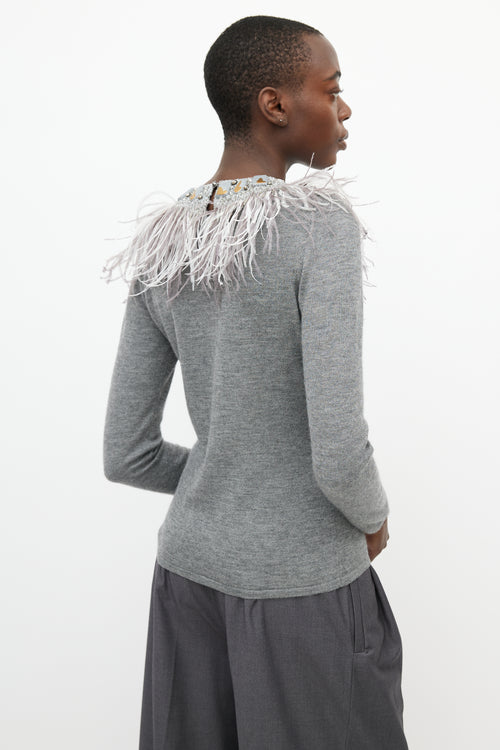 Oscar de la Renta Grey Cashmere 
Silk Feather Sweater