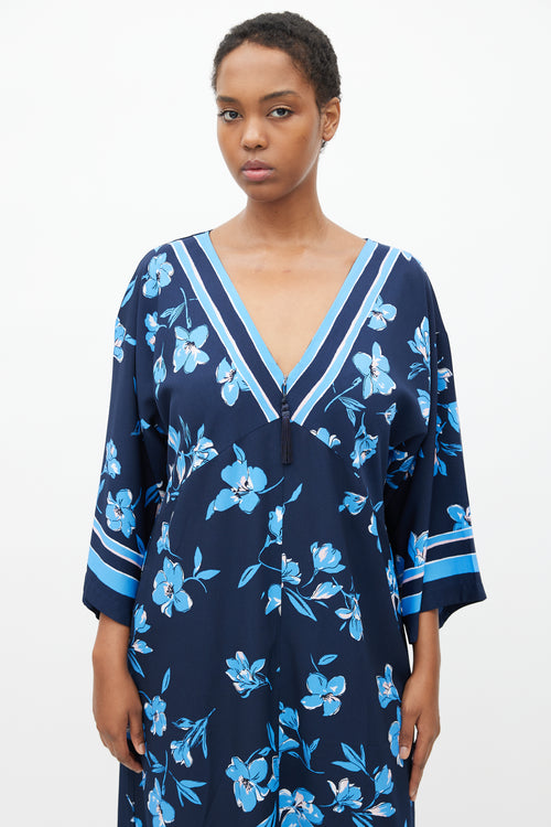 Oscar de la Renta Navy Floral Tassel Dress