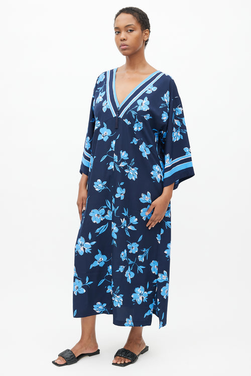 Oscar de la Renta Navy Floral Tassel Dress